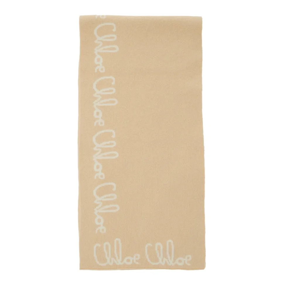 Beige Logo Lettering Katoenmix Sjaal