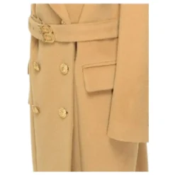 Beige wollen lange double-breasted jas