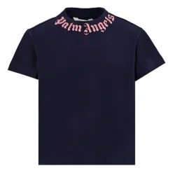 Blauw Katoenen T-shirt met Roze Logo