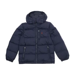 Blauwe gewatteerde jas met ponyborduursel