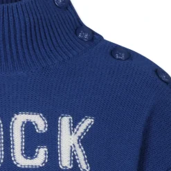 Blauwe Rollneck Sweater met Intarsia Schrijven