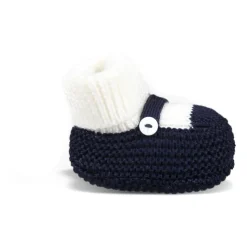 Blauwe wollen pantoffels met moeder van parel knoop