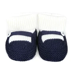 Blauwe wollen pantoffels met moeder van parel knoop