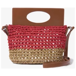 Bruine Raffia en Imitatie Leren Crossbody Tas
