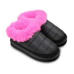 Gewatteerde zwarte muiltjes met fuchsia detail