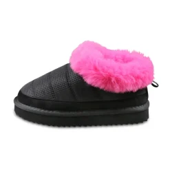 Gewatteerde zwarte muiltjes met fuchsia detail