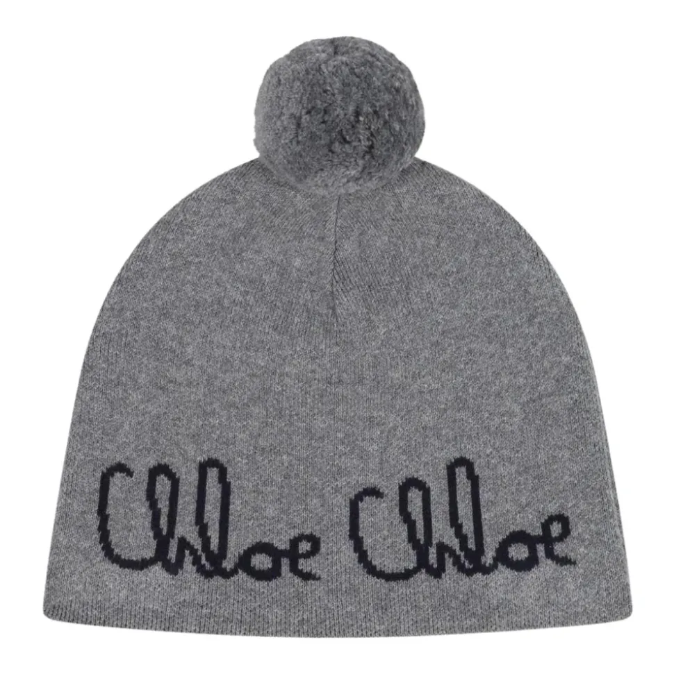 Grijze Gebreide Pom Pom Beanie Muts
