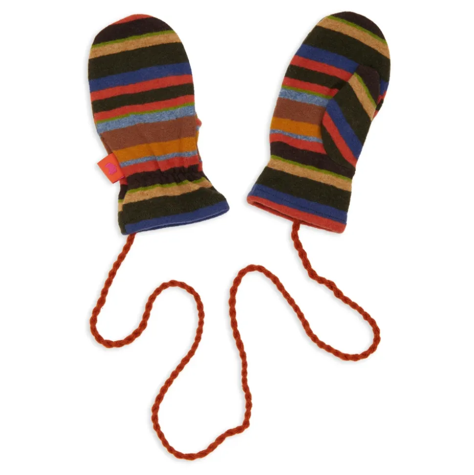 Groene fleecekinderwanten met veelkleurige strepen