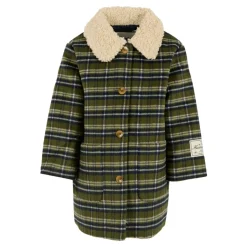 Groene Geruite Stoffen Jas met Nep Shearling Kraag