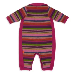 Paarse fleece romper zonder voetjes voor kinderen met veelkleurige strepen