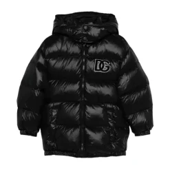 Piumino in nylon met capuchon en logoplaat