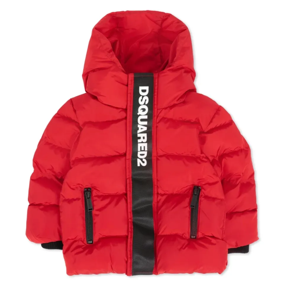 Rode Gewatteerde Donsjas met Capuchon
