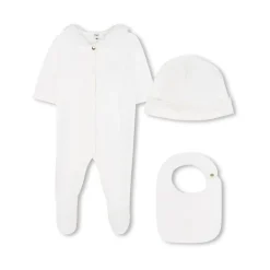 Set van muts, slabbetje en voetjesonesie met kanten rand