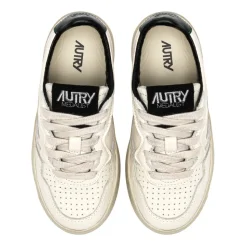 Witte Leren Sneakers Groene Hak