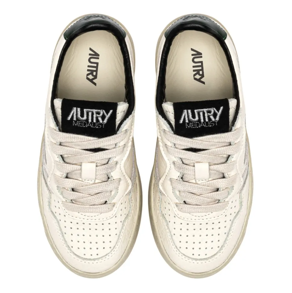 Witte Leren Sneakers Groene Hak
