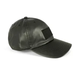 Zwarte Faux Leren Geborduurde Logo Hoed