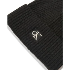 Zwarte Gebreide Rand Logo Patch Hoed