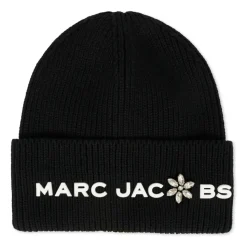 Zwarte Geribbelde Katoenen Beanie met Bloemen