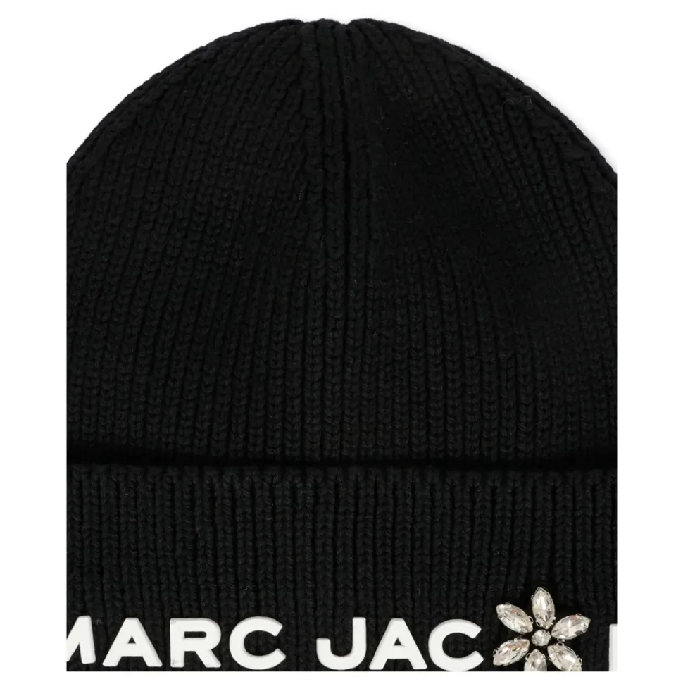 Zwarte Geribbelde Katoenen Beanie met Bloemen